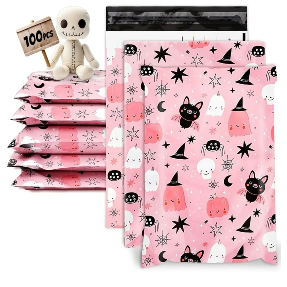 30 Pink Halloween 10” x 13” Poly Mailers Ghost Bat Pumpkins Skulls Spiders